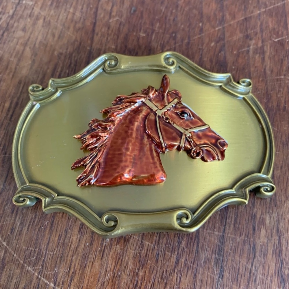 Vintage 1978 Western Brass Belt Buckle Horse Head Raintree Made in USA